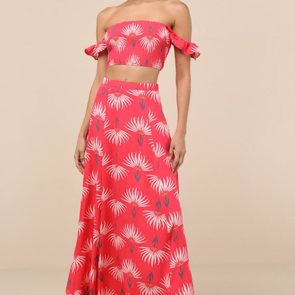 Lulus Trancoso Coral Floral Print Two-piece Maxi Dress Pink - Size XS